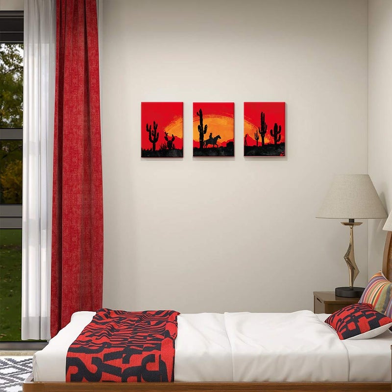 SUMGAR Red Wall Art Western Wall Decor Prints for Bedroom Bathroom, Cowboy Desert Cactus Sunset Pictures Southwest Canvas Paintings for office living room,12x16 inch - Image 3